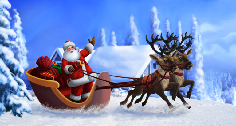 santa and sleigh pulled by reindeer in snow